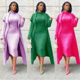 Plus Size Solid Padded Coat And Midi Dress 2 Piece Set(With Waist Belt)  XHSY-BT19484