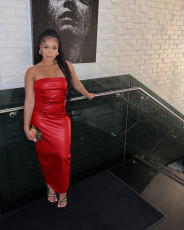 Sexy Slim Wrap Chest PU Leather Maxi Dress TE-4646