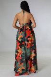 Sexy Halter Blackless Split Print Dress XHXF-290
