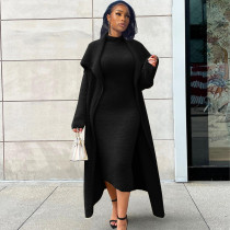 Plus Size Solid Padded Coat And Midi Dress 2 Piece Set(With Waist Belt)  XHSY-BT19484