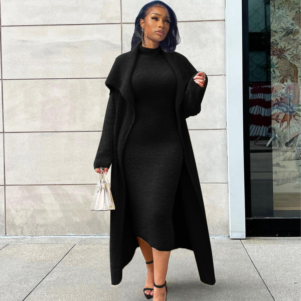 Plus Size Solid Padded Coat And Midi Dress 2 Piece Set(With Waist Belt)  XHSY-BT19484