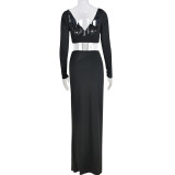 V Neck Backless Tie Up And Split Skirt 2 Piece Set GBTF-BT6080