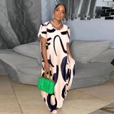 Plus Size Print Short Sleeve Loose Maxi Dress GDNY-D2197