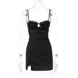 Sexy V Neck Lace Tie Up Mini Dress GKLK-D3311958Y