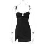 Sexy V Neck Lace Tie Up Mini Dress GKLK-D3311958Y