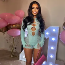 Mesh Hollow Out Studded Sexy Jumpsuit GBTF-7206JG