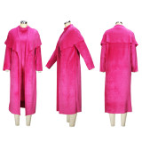 Plus Size Solid Padded Coat And Midi Dress 2 Piece Set(With Waist Belt)  XHSY-BT19484