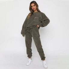 Corduroy Solid Color Pullover Two Piece Pants Set SSNF-211273