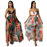Sexy Halter Blackless Split Print Dress XHXF-290