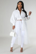 Mesh Patchwork Long Sleeve Long Shirt XHXF-950