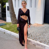 V Neck Backless Tie Up And Split Skirt 2 Piece Set GBTF-BT6080