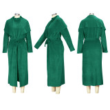 Plus Size Solid Padded Coat And Midi Dress 2 Piece Set(With Waist Belt)  XHSY-BT19484