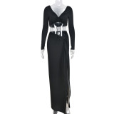 V Neck Backless Tie Up And Split Skirt 2 Piece Set GBTF-BT6080