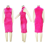 Plus Size Solid Padded Coat And Midi Dress 2 Piece Set(With Waist Belt)  XHSY-BT19484