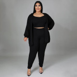 Plus Size Solid Color Long Sleeve Three Piece Pants Set NNWF-7966