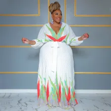 Plus Size Tie Up Print Big Swing Pleated Maxi Dress NNWF-7941