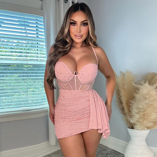 Plus Size Hot Drill Splicing Sling Pleated Mini Dress NY-2870