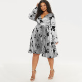 Plus Size Print V Neck Pleated Midi Dress NNWF-7957