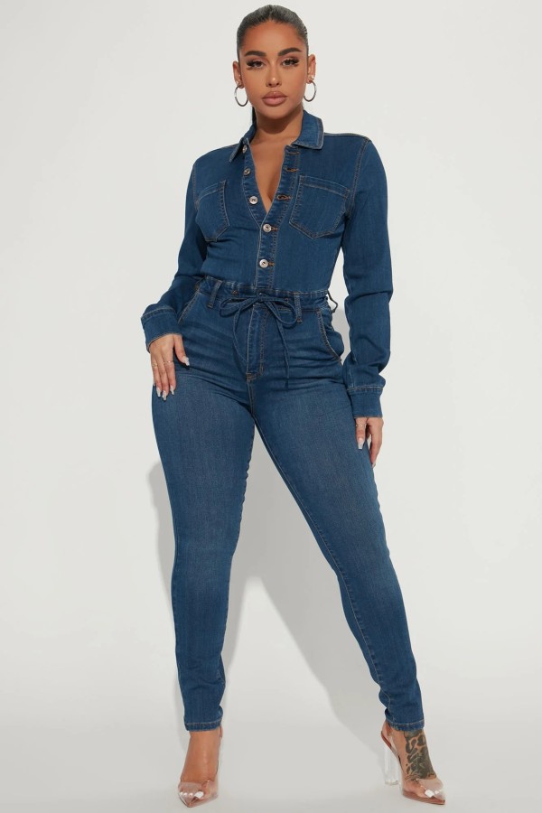 Casual Long Sleeve High Waist Denim Jumpsuit LX-3561