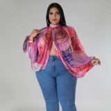 Plus Size Print Tie Up Chiffon Tops NNWF-N7848
