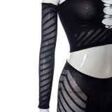 Mesh Hollow Out Wrap Chest Tops Two Piece Pants Set MXBF-K23ST156