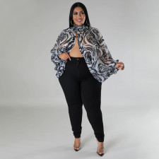 Plus Size Print Tie Up Chiffon Tops NNWF-N7848