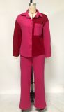 Fashion Color Block Long Sleeve Shirt Loose 2 Piece Set MIL-524