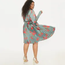 Plus Size Print V Neck Pleated Midi Dress NNWF-7957