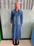 Fashion Holes Long Sleeve Denim Long Coat LX-6017