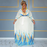 Plus Size Tie Up Print Big Swing Pleated Maxi Dress NNWF-7941