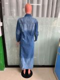 Fashion Holes Long Sleeve Denim Long Coat LX-6017