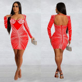 Mesh Hot Drill Long Sleeve Mini Dress BY-6700