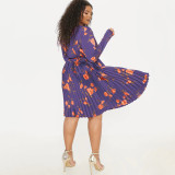 Plus Size Print V Neck Pleated Midi Dress NNWF-7957