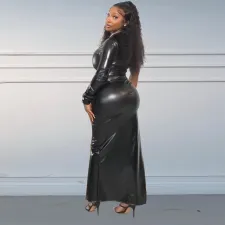 Plus Size Skinny Split Single Sleeve PU Leather Dress NY-2928
