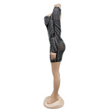Mesh Hot Drill Long Sleeve Mini Dress BY-6700