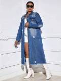 Fashion Holes Long Sleeve Denim Long Coat LX-6017
