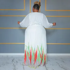 Plus Size Tie Up Print Big Swing Pleated Maxi Dress NNWF-7941