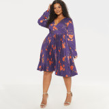 Plus Size Print V Neck Pleated Midi Dress NNWF-7957