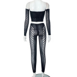 Mesh Hollow Out Wrap Chest Tops Two Piece Pants Set MXBF-K23ST156