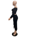 Fashion Drawstring One Shoulder Two Piece Skirt Set QXTF-8220