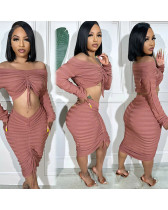 Fashion Drawstring One Shoulder Two Piece Skirt Set QXTF-8220