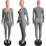 Casual Zipper Solid Color Two Piece Pants Set HMS-6382
