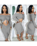 Fashion Drawstring One Shoulder Two Piece Skirt Set QXTF-8220