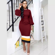 Plus Size Long Sleeve Patchwork Midi Dress OM-1722