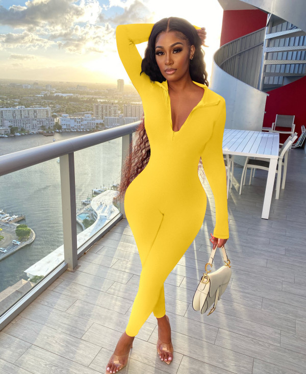 Solid Zipper Long Sleeve Sport Jumpsuit MZ-8108