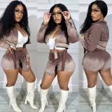 Gradient Color Denim Long Sleeve Short 2 Piece Set MEM-88535