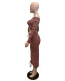 Fashion Drawstring One Shoulder Two Piece Skirt Set QXTF-8220