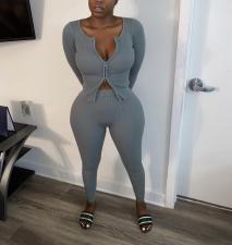 Casual Zipper Solid Color Two Piece Pants Set HMS-6382