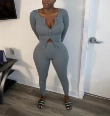 Casual Zipper Solid Color Two Piece Pants Set HMS-6382
