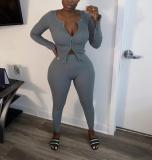 Casual Zipper Solid Color Two Piece Pants Set HMS-6382